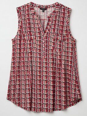 Cocomo Women's Plus Size 1X Red Multi Color Geo Print Pintuck Sleeveless Top